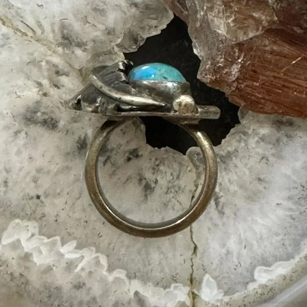 Vintage Native American Silver Turquoise w/Leaf Decoraed Ring Size 6.5 For Women